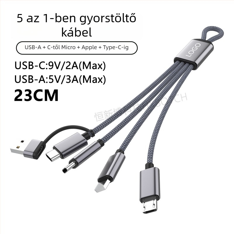 PD60W több interfészes gyors töltésű adatkábel: Lightning, Micro-USB, Type-C; tabletek, laptopok és telefonok számára; hossza max. 0,5 m; nylon bevonat; 60W max; szürke-fehér és sötétszürke