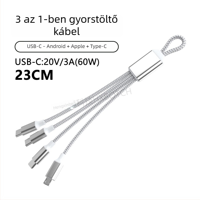 PD60W több interfészes gyors töltésű adatkábel: Lightning, Micro-USB, Type-C; tabletek, laptopok és telefonok számára; hossza max. 0,5 m; nylon bevonat; 60W max; szürke-fehér és sötétszürke