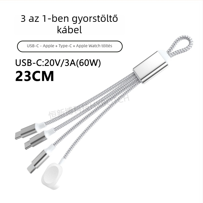 PD60W több interfészes gyors töltésű adatkábel: Lightning, Micro-USB, Type-C; tabletek, laptopok és telefonok számára; hossza max. 0,5 m; nylon bevonat; 60W max; szürke-fehér és sötétszürke