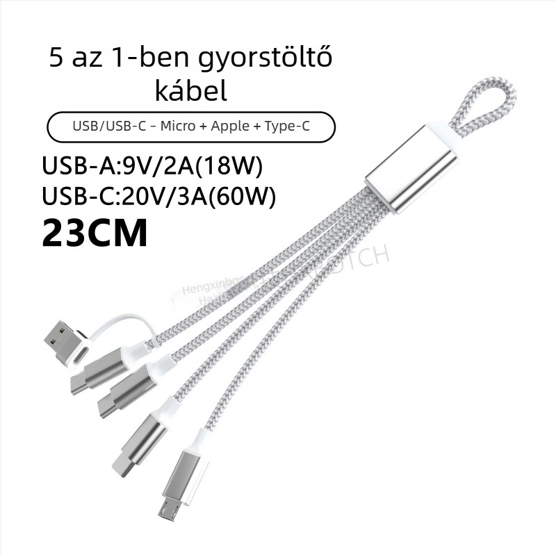 PD60W több interfészes gyors töltésű adatkábel: Lightning, Micro-USB, Type-C; tabletek, laptopok és telefonok számára; hossza max. 0,5 m; nylon bevonat; 60W max; szürke-fehér és sötétszürke