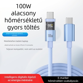 Intelligens digitális kijelzős USB-C gyorstöltő kábel, 100W, fonott nylon kivitel, QC-kompatibilis, Apple és Huawei készülékekhez