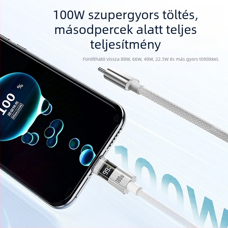 Intelligens digitális kijelzős USB-C gyorstöltő kábel, 100W, fonott nylon kivitel, QC-kompatibilis, Apple és Huawei készülékekhez