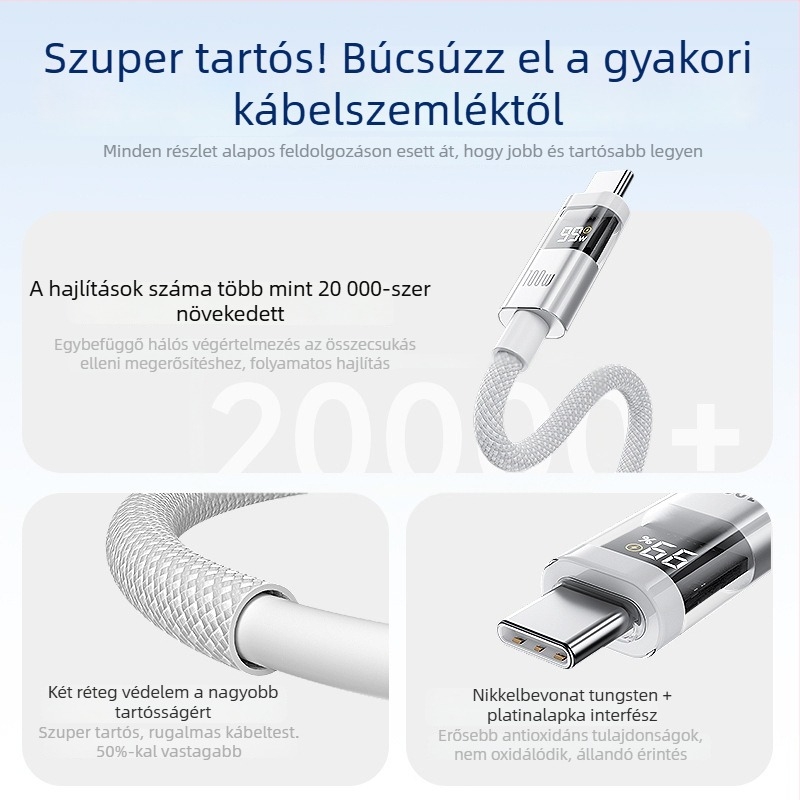 Intelligens digitális kijelzős USB-C gyorstöltő kábel, 100W, fonott nylon kivitel, QC-kompatibilis, Apple és Huawei készülékekhez