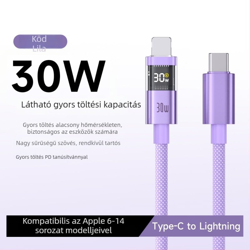 Intelligens digitális kijelzős USB-C gyorstöltő kábel, 100W, fonott nylon kivitel, QC-kompatibilis, Apple és Huawei készülékekhez