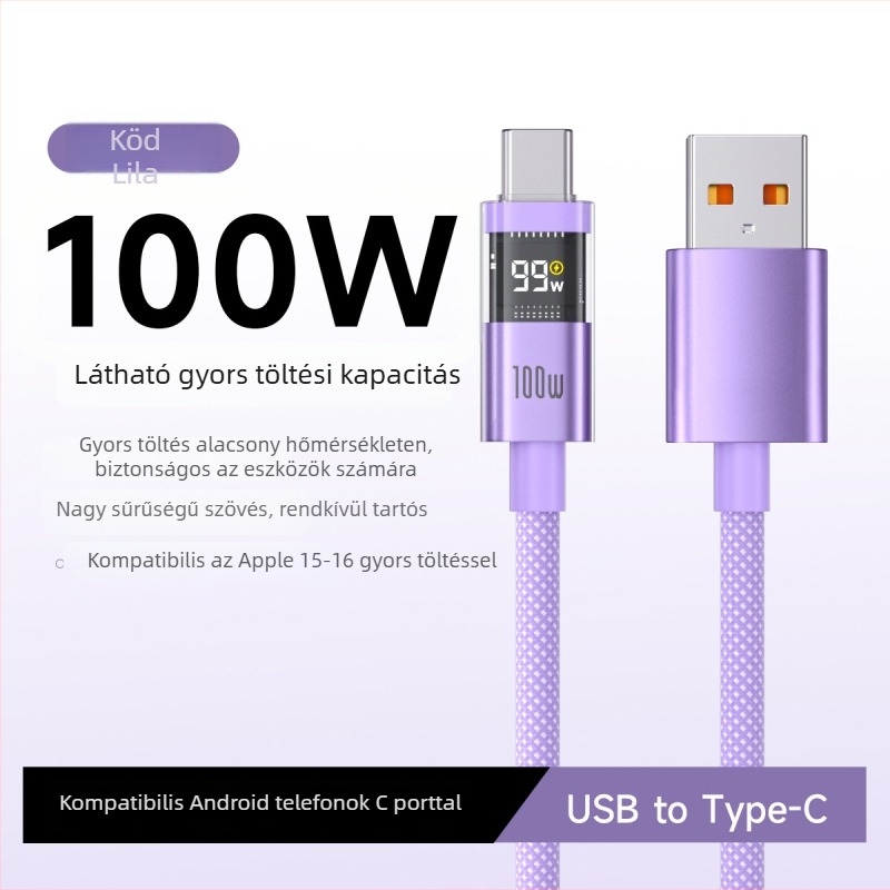 Intelligens digitális kijelzős USB-C gyorstöltő kábel, 100W, fonott nylon kivitel, QC-kompatibilis, Apple és Huawei készülékekhez