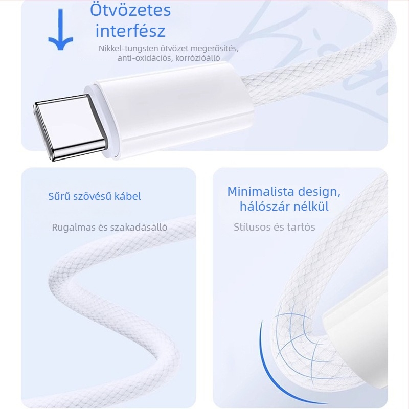 Szövött USB-C–ről USB-C-re adatkábel, 60W gyorstöltés, kompatibil az iPhone 15-tel