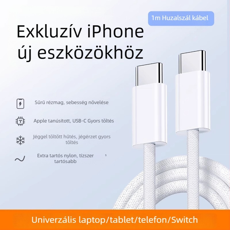 Szövött USB-C–ről USB-C-re adatkábel, 60W gyorstöltés, kompatibil az iPhone 15-tel