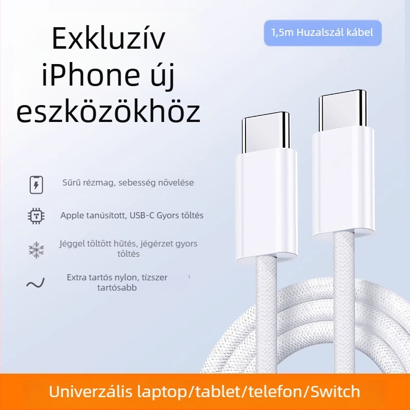 Szövött USB-C–ről USB-C-re adatkábel, 60W gyorstöltés, kompatibil az iPhone 15-tel