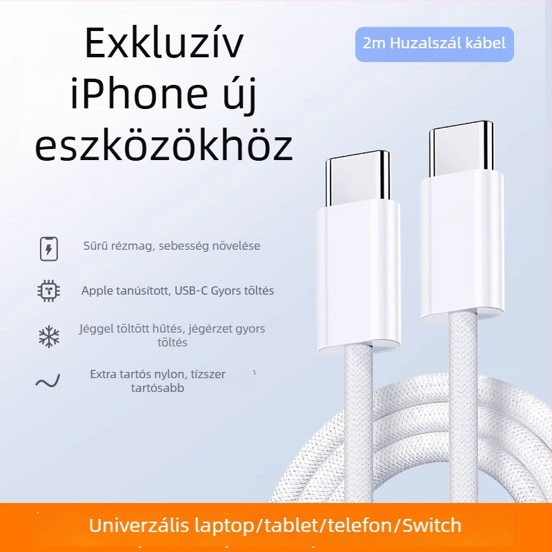 Szövött USB-C–ről USB-C-re adatkábel, 60W gyorstöltés, kompatibil az iPhone 15-tel