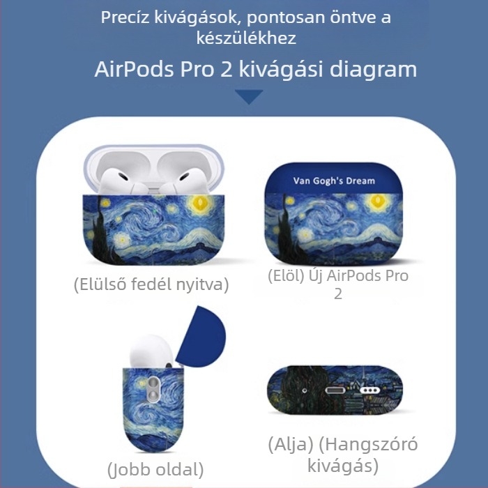 Van Gogh dizájn AirPods Pro 2 védőtok, matt puha szilikon, domborított felület