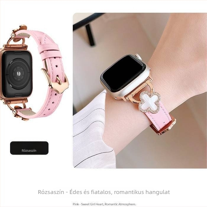 Apple Watchhoz készült karkötő – bőr és fém díszítésű, négylevelű lóhere motívummal