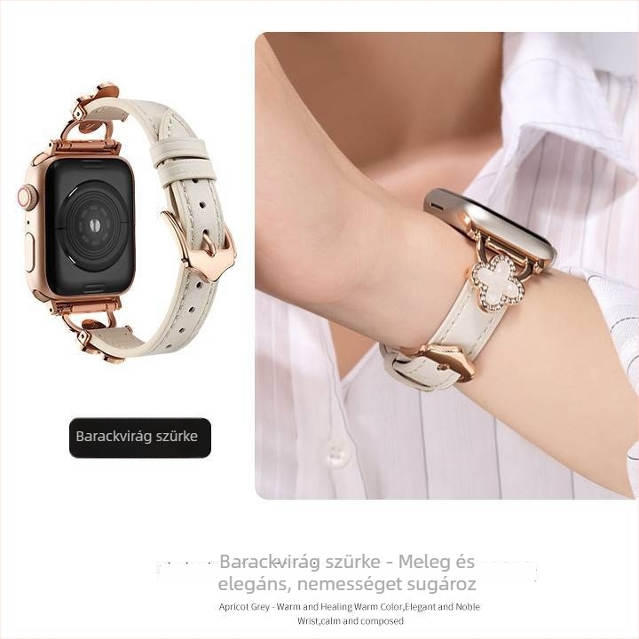Apple Watchhoz készült karkötő – bőr és fém díszítésű, négylevelű lóhere motívummal