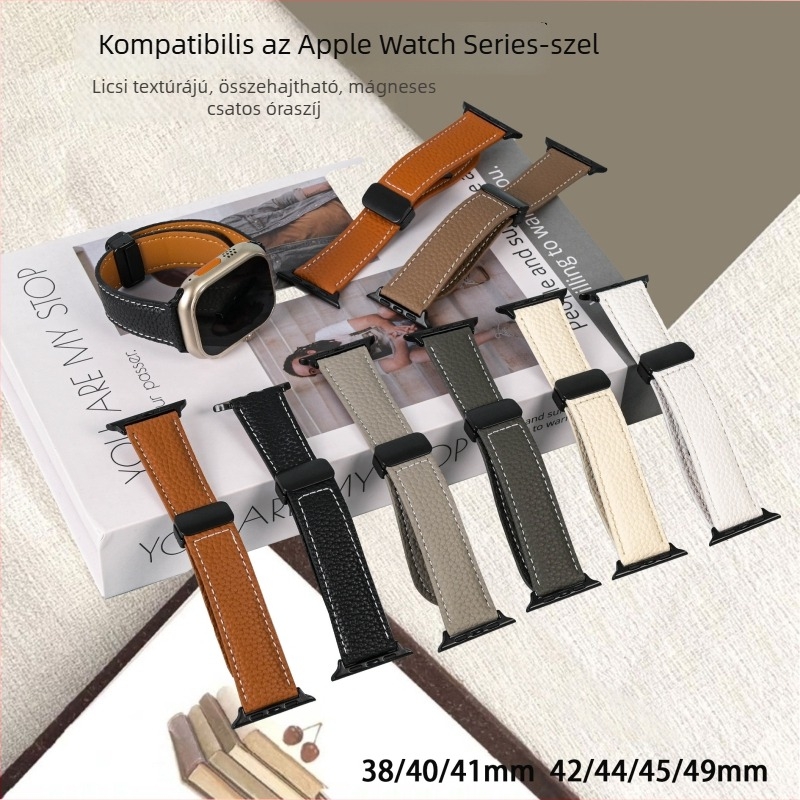 Lychee-textúrájú bőrszíj Apple Watch-hoz mágneses hajtogatós csattal (38/40/41mm, 42/44/45mm)
