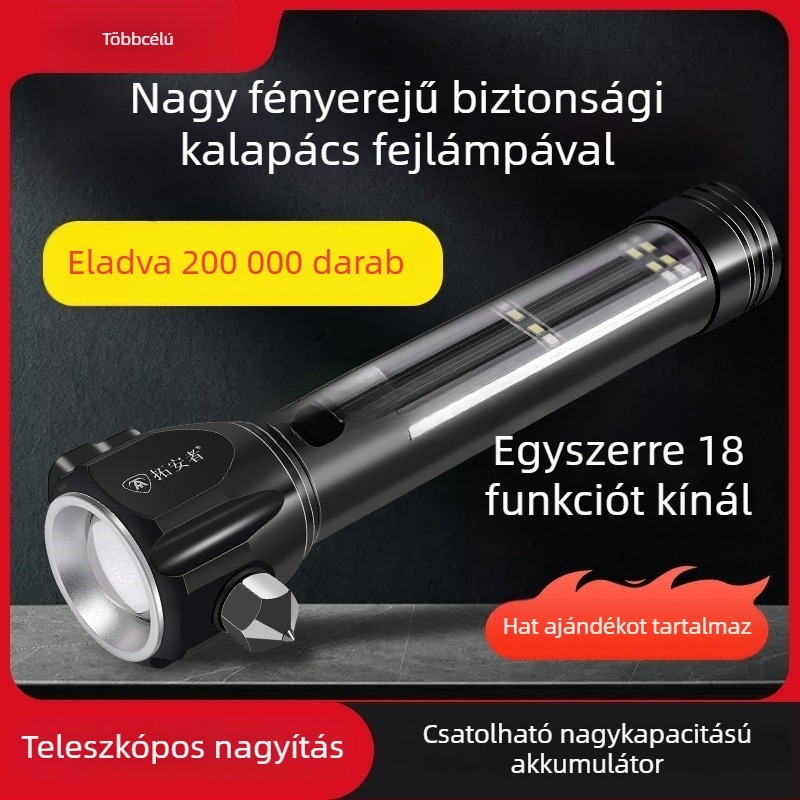 Autóbiztonsági kalapács LED zseblámpával, 4-in-1 ablakbetörő és mentőeszköz
