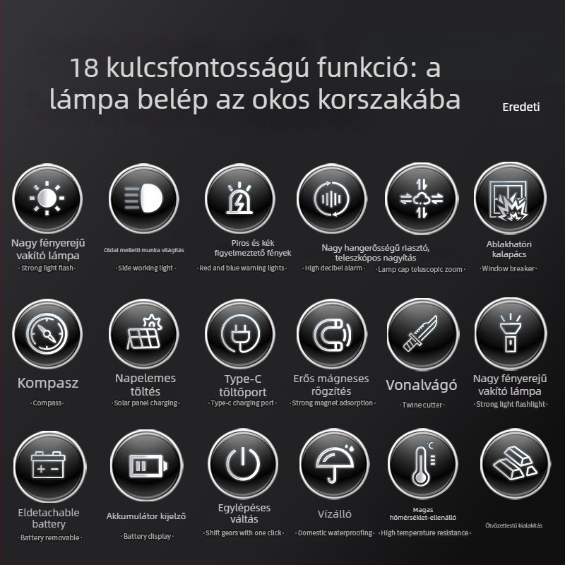 Autóbiztonsági kalapács LED zseblámpával, 4-in-1 ablakbetörő és mentőeszköz
