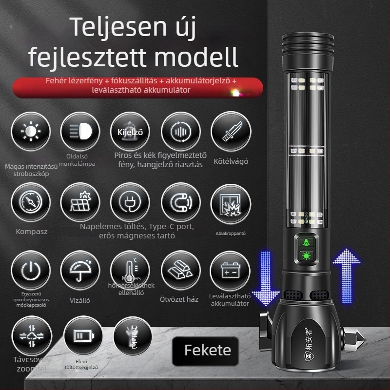 Autóbiztonsági kalapács LED zseblámpával, 4-in-1 ablakbetörő és mentőeszköz