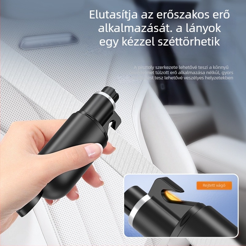 Autós biztonsági kalapács üvegfelnyitővel és beépített vágóéggel, ABS 29 g, semleges márka, testreszabható