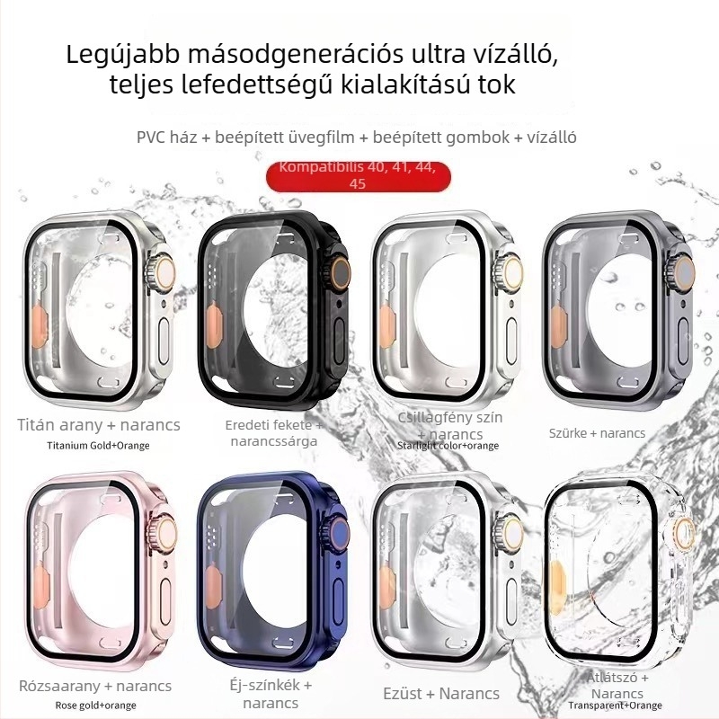 Apple Watch S8/S9 teljes körű vízálló védőtok – PC + edzett fólia, 360° védelem