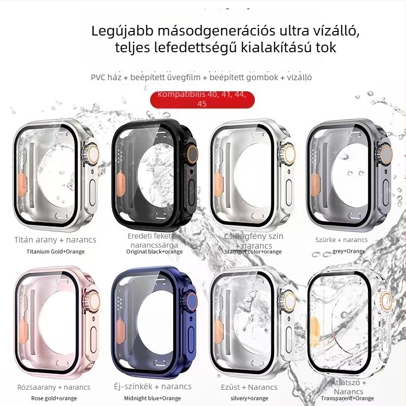 Apple Watch S8/S9 teljes körű vízálló védőtok – PC + edzett fólia, 360° védelem