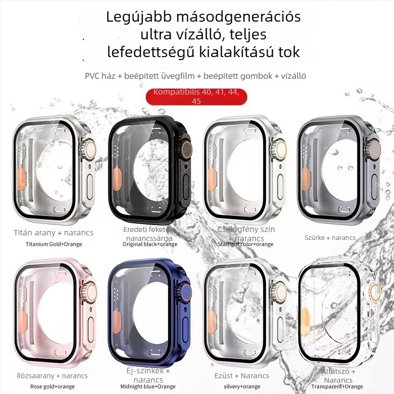 Apple Watch S8/S9 teljes körű vízálló védőtok – PC + edzett fólia, 360° védelem
