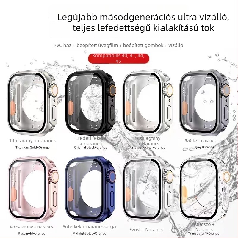 Apple Watch S8/S9 teljes körű vízálló védőtok – PC + edzett fólia, 360° védelem