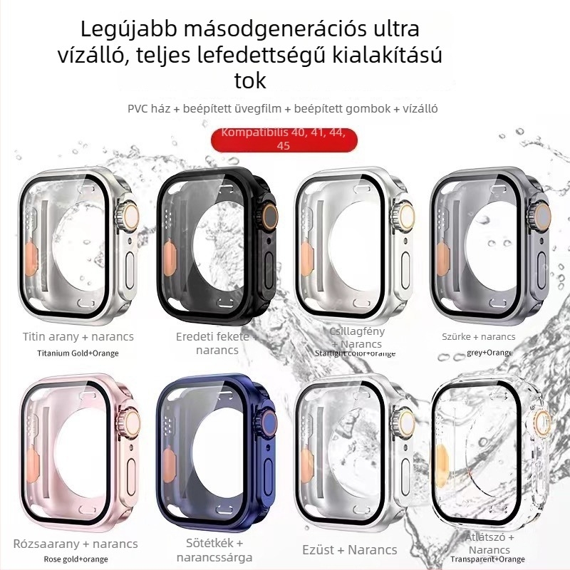 Apple Watch S8/S9 teljes körű vízálló védőtok – PC + edzett fólia, 360° védelem