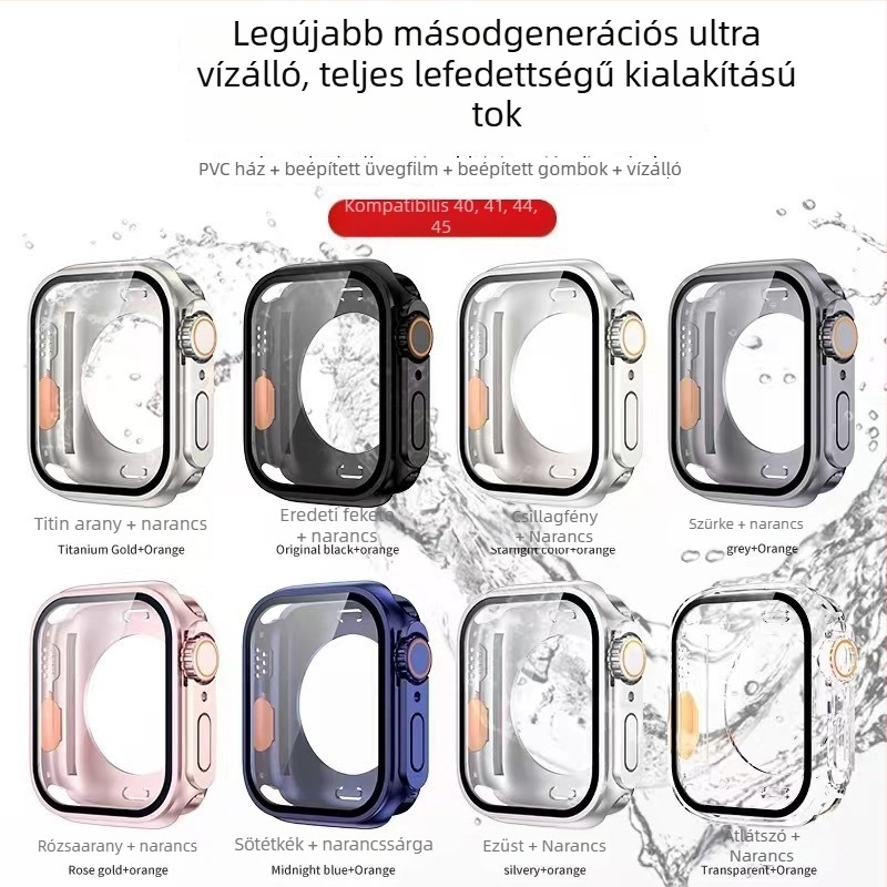 Apple Watch S8/S9 teljes körű vízálló védőtok – PC + edzett fólia, 360° védelem
