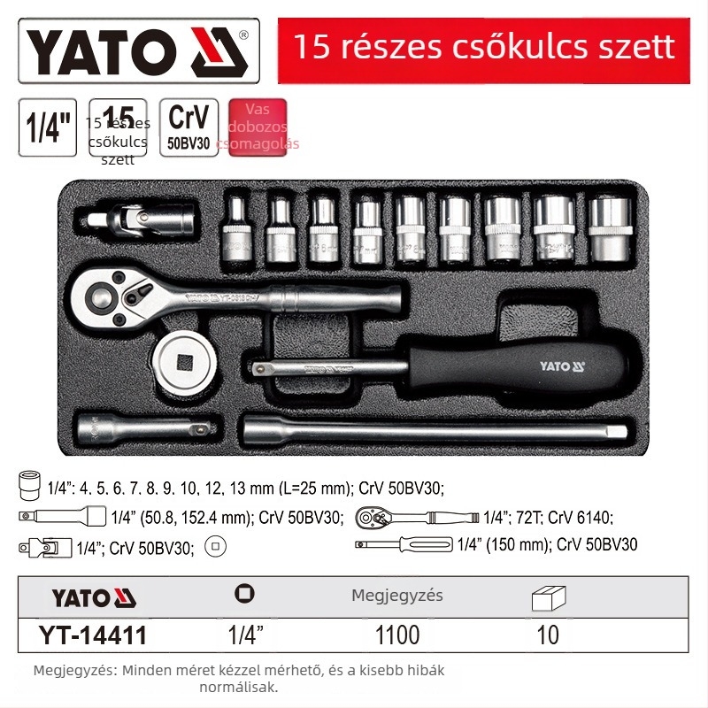 Autójavításhoz Socket Ráccsal Készlet – 1/4-es meghajtás, Króm-vanádium acél, Márka Yato