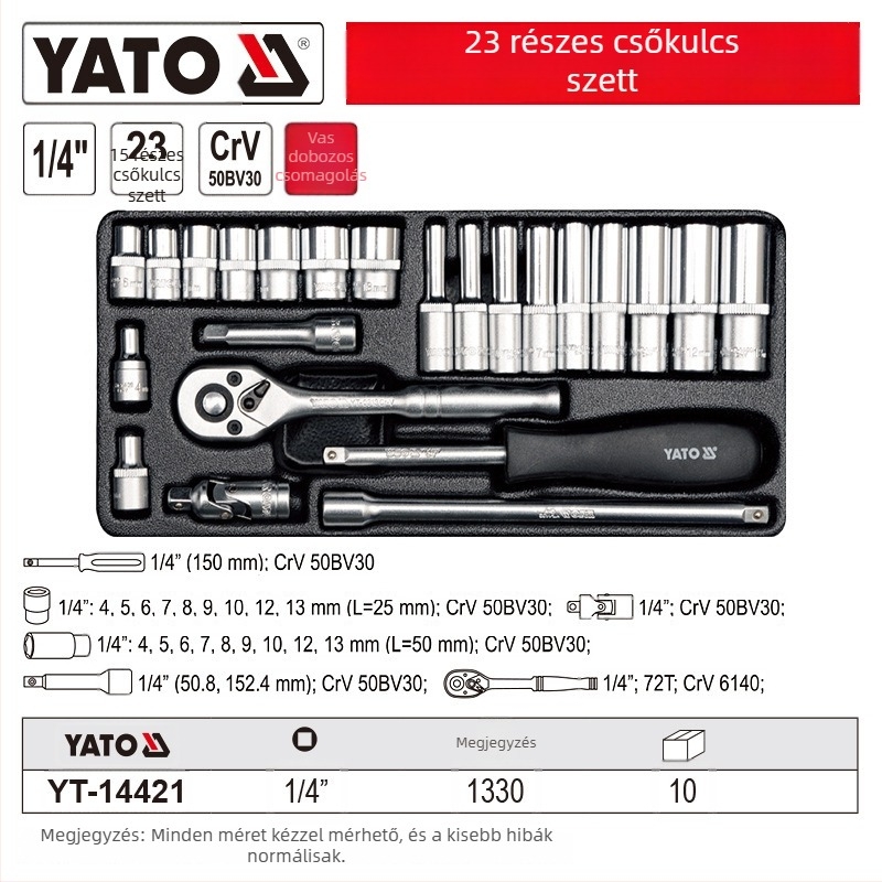 Autójavításhoz Socket Ráccsal Készlet – 1/4-es meghajtás, Króm-vanádium acél, Márka Yato