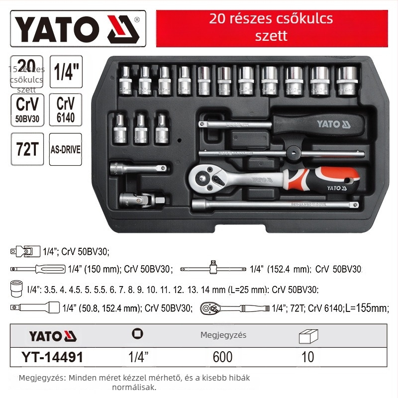 Autójavításhoz Socket Ráccsal Készlet – 1/4-es meghajtás, Króm-vanádium acél, Márka Yato