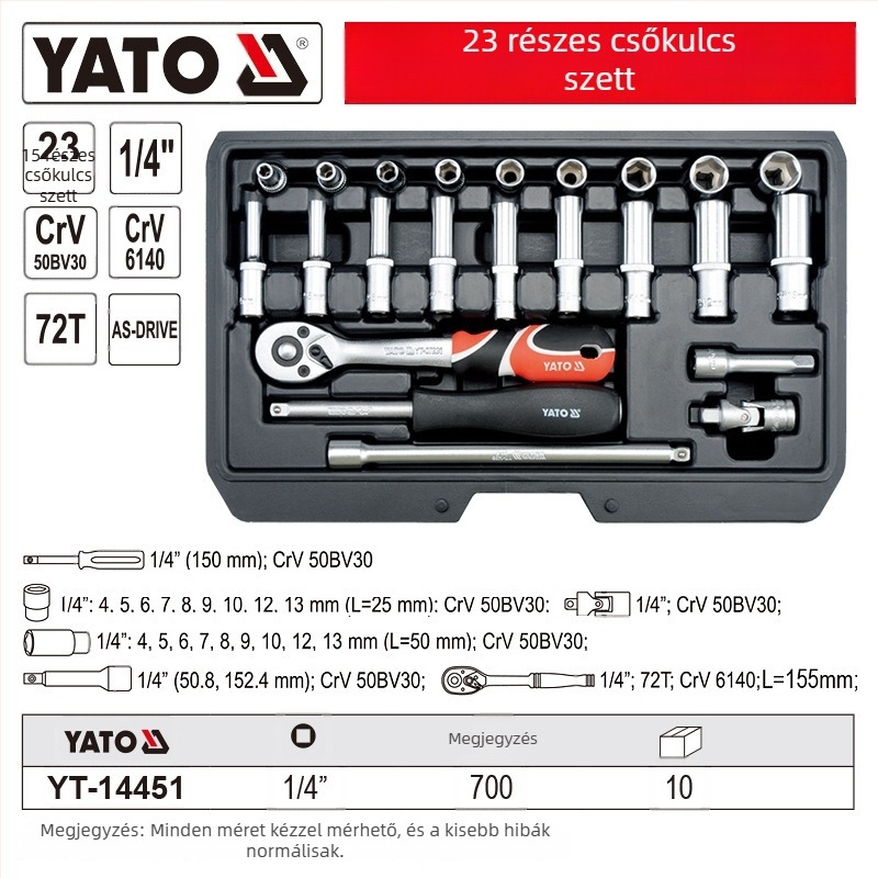 Autójavításhoz Socket Ráccsal Készlet – 1/4-es meghajtás, Króm-vanádium acél, Márka Yato