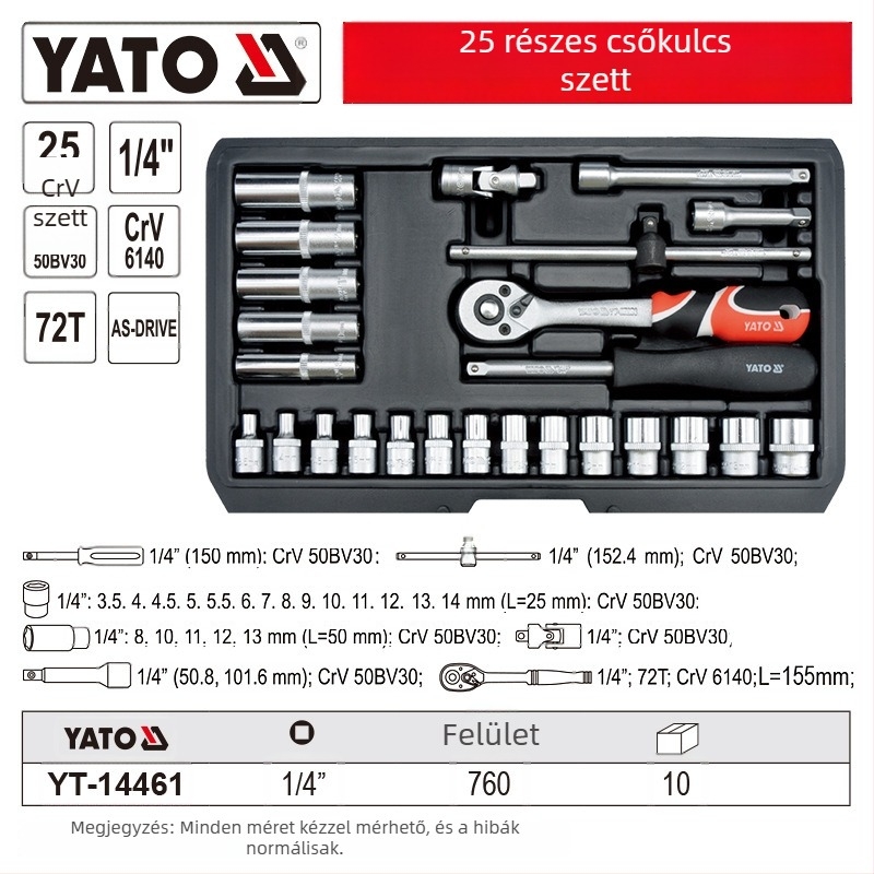 Autójavításhoz Socket Ráccsal Készlet – 1/4-es meghajtás, Króm-vanádium acél, Márka Yato
