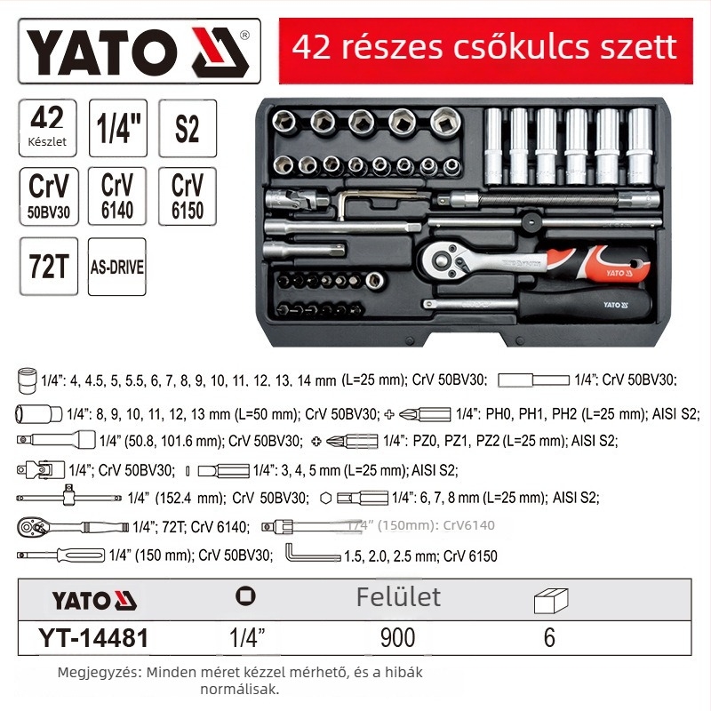 Autójavításhoz Socket Ráccsal Készlet – 1/4-es meghajtás, Króm-vanádium acél, Márka Yato