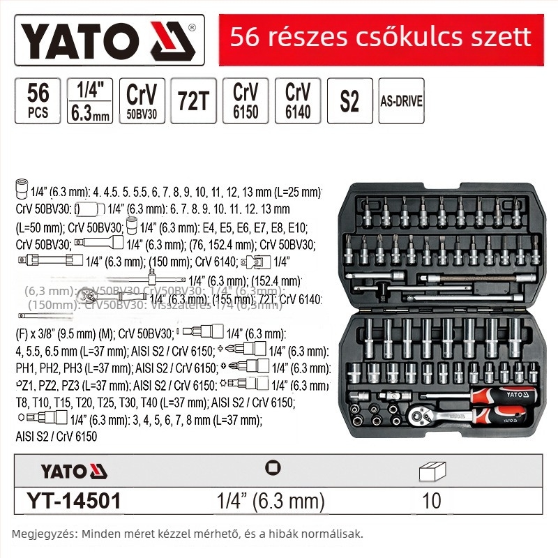 Autójavításhoz Socket Ráccsal Készlet – 1/4-es meghajtás, Króm-vanádium acél, Márka Yato