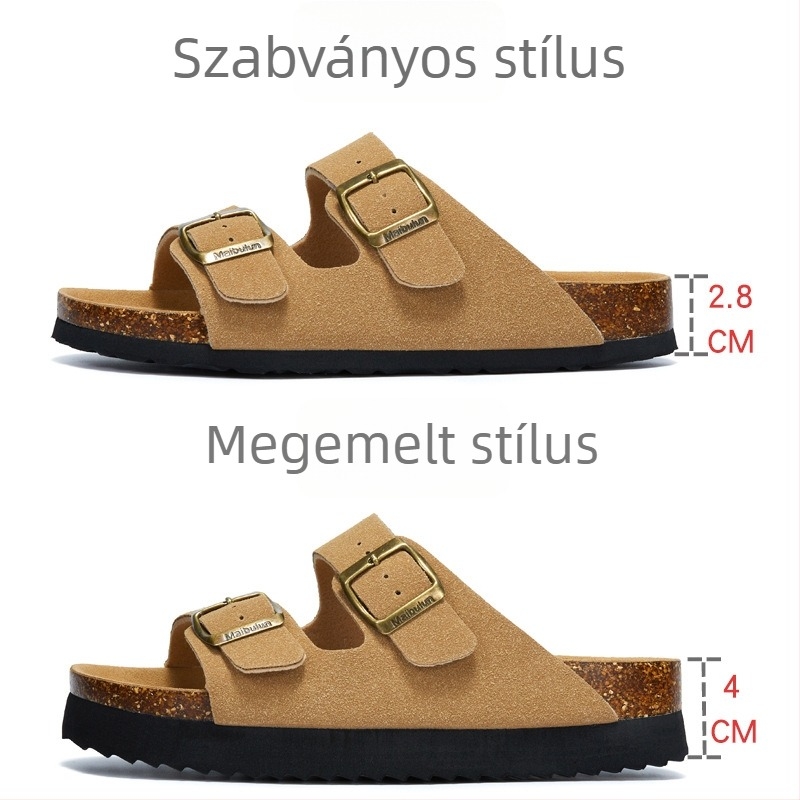 McProm uniszex cork papucs, sík talppal, csúszásmentes, strand és otthon, nubuk bőr pántok, nyári stílus