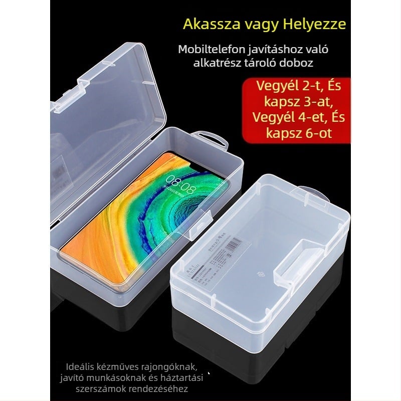 Átlátszó műanyag tároló doboz elektronikus alkatrészek és csavarok számára — ideális szerelő- és alaplapokhoz, erős keret