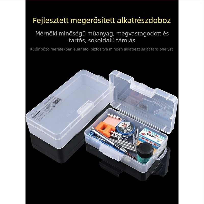 Átlátszó műanyag tároló doboz elektronikus alkatrészek és csavarok számára — ideális szerelő- és alaplapokhoz, erős keret