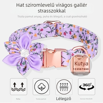 Gravírozott kutyanyakörv, levehető masnival, virágmintás, puha pamut