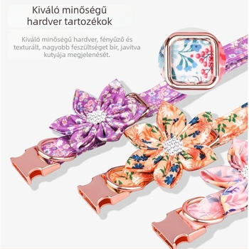 Gravírozott kutyanyakörv, levehető masnival, virágmintás, puha pamut