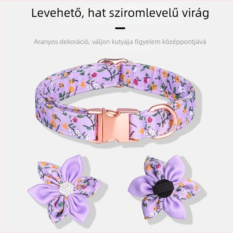 Gravírozott kutyanyakörv, levehető masnival, virágmintás, puha pamut