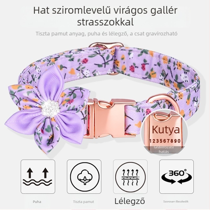 Gravírozott kutyanyakörv, levehető masnival, virágmintás, puha pamut