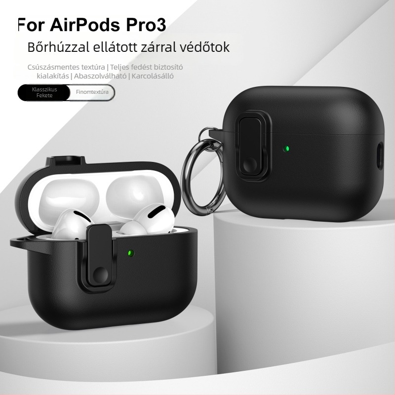 AirPods Pro 3 (2. generáció) és AirPods 4 védőtok, bőr textúrájú felülettel, gombzáras kialakítással, teljes védelem.