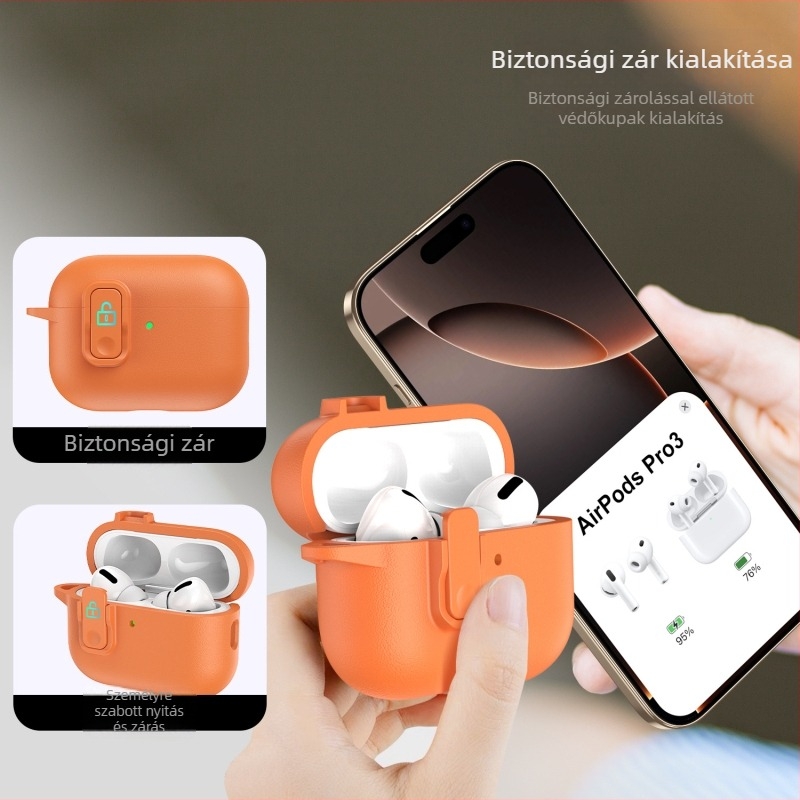AirPods Pro 3 (2. generáció) és AirPods 4 védőtok, bőr textúrájú felülettel, gombzáras kialakítással, teljes védelem.