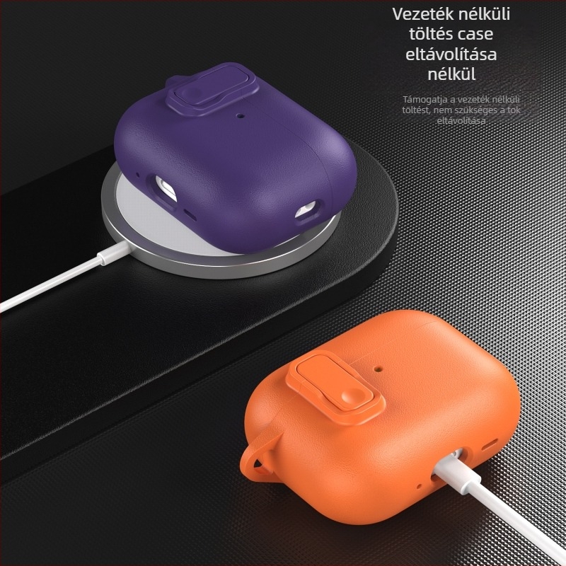AirPods Pro 3 (2. generáció) és AirPods 4 védőtok, bőr textúrájú felülettel, gombzáras kialakítással, teljes védelem.