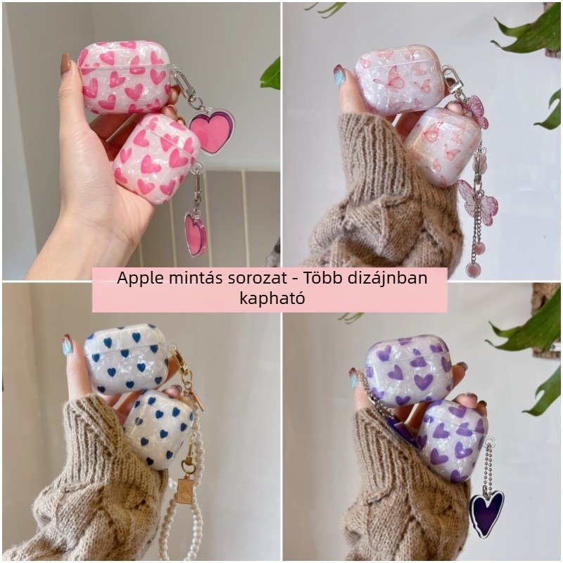 AirPods 4. generációs védőtok TPU puha burkolat, kagyló mintával, szív és pillangó dizájn, egyszínű
