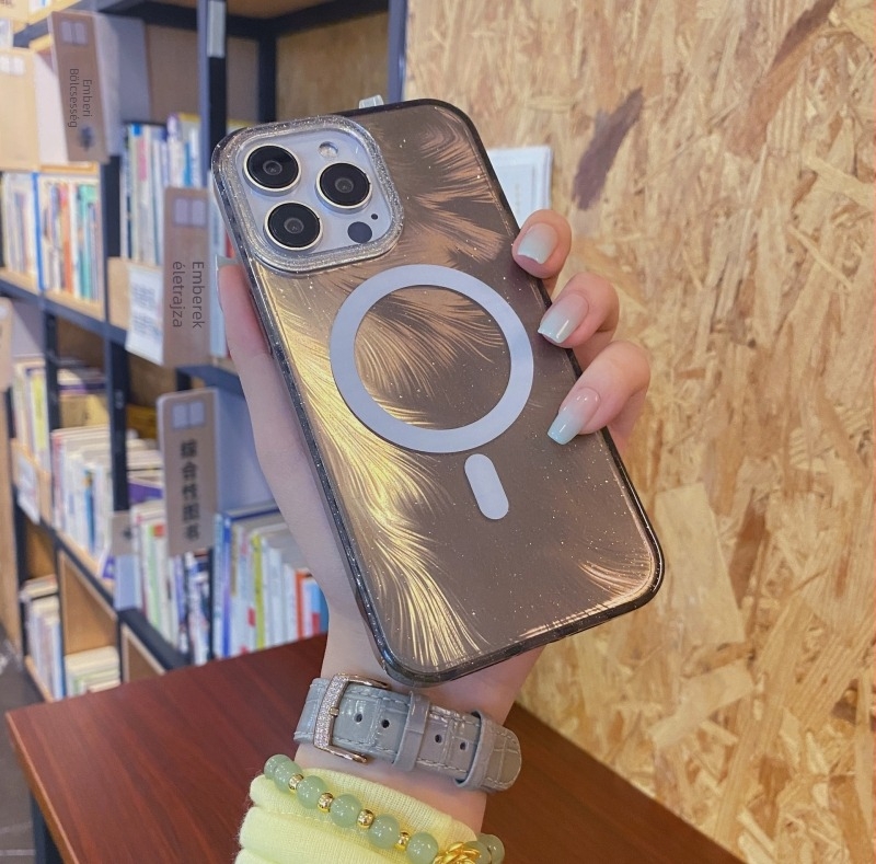 iPhone 17 és iPhone 16 Pro Max védő keménytok – luxus csillogó tollmintázat, mágneses rögzítés, ütésálló, PC+TPU