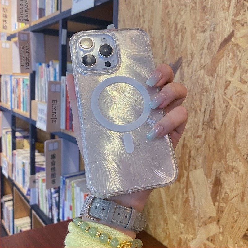 iPhone 17 és iPhone 16 Pro Max védő keménytok – luxus csillogó tollmintázat, mágneses rögzítés, ütésálló, PC+TPU