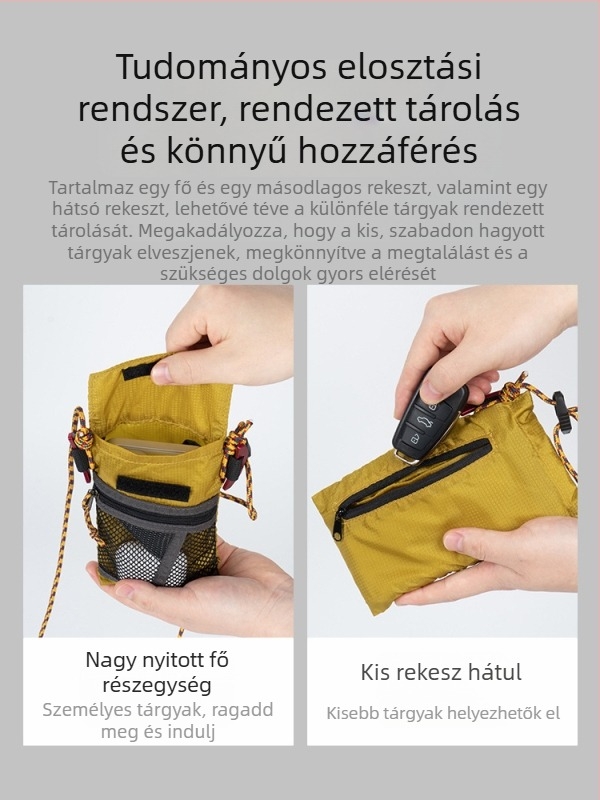 Uniszex nylon telefontáska — függőleges négyzet alakú, kapucsukós nyitás, belső nylon bélés, 2025 nyara, City-Fun stílus