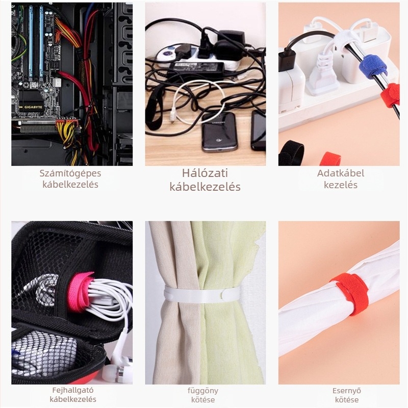Velcro kábelkötegelő szalagok, 50 db, önzáró, nylon-poliészter 50/50, adatokhoz és számítógépes kábelekhez, kábel rendező