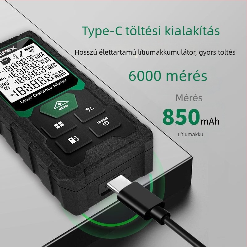 Lézeres távolságmérő, kézi, beltéri és kültéri használatra, újratölthető